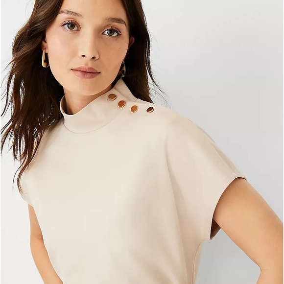 Ann Taylor Tops Ann Taylor Nwt Button Shoulder Mock Neck Top Gold Tone Detail Pearl Blush